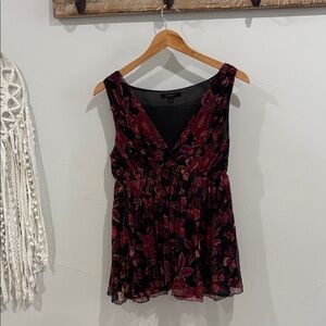 Vintage 2000s Express Silk Black & Burgundy Floral Babydoll Top